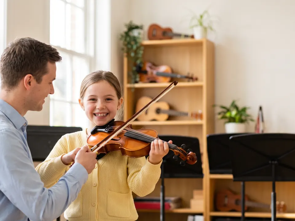 Music teacher watching a young student play the violin
